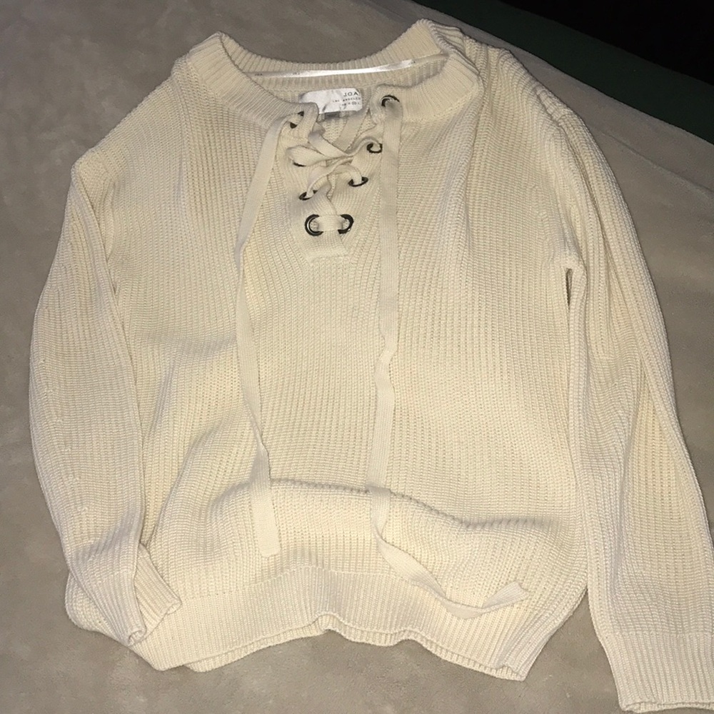 Cream lace up knit sweater size M